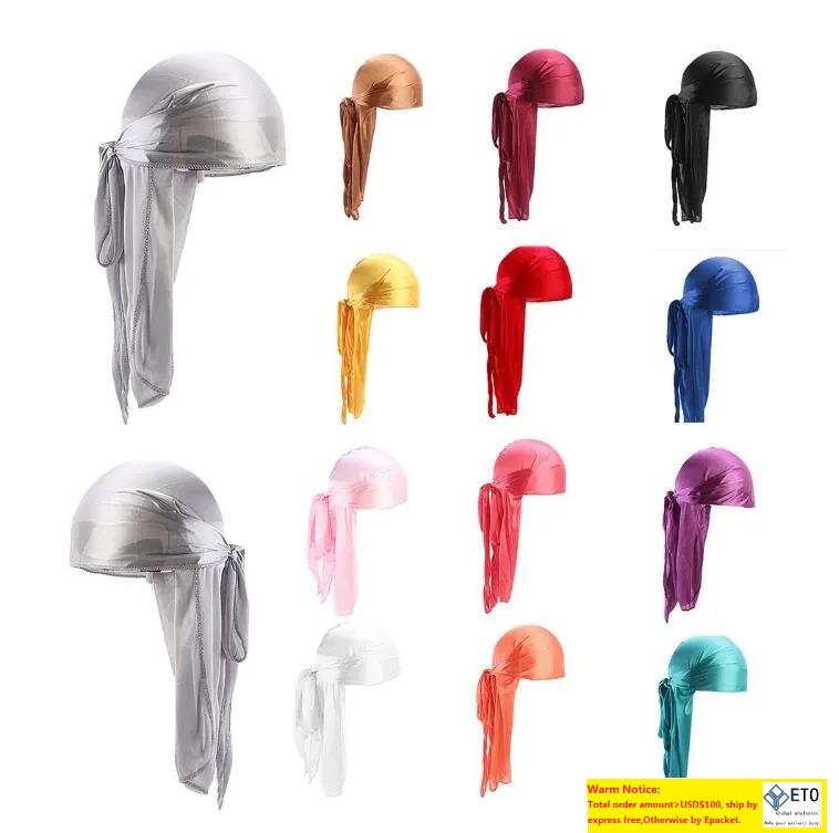 Silk Headband New Unisex Long Silk Satin Breathable Turban Hat Wigs Doo Durag Biker Headwrap Chemo Cap Pirate Hat Men Hair Accessories LL
