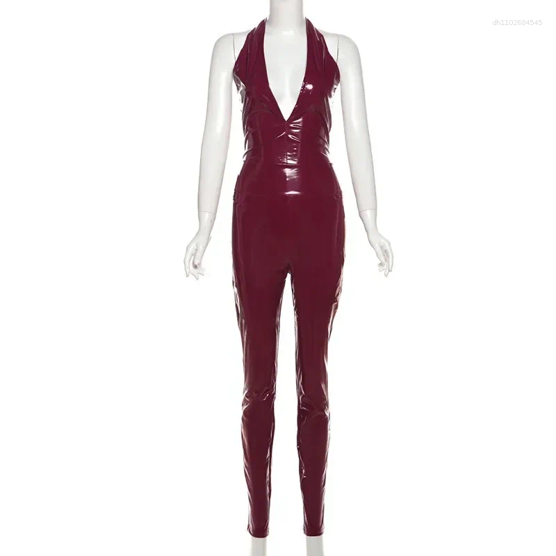 Women's Two Piece Pants Women Sexy Red PU Leather 2 Set Deep V-neck Halter Backless Bodysuits Top Back Zipper High Waist Pencil Suits