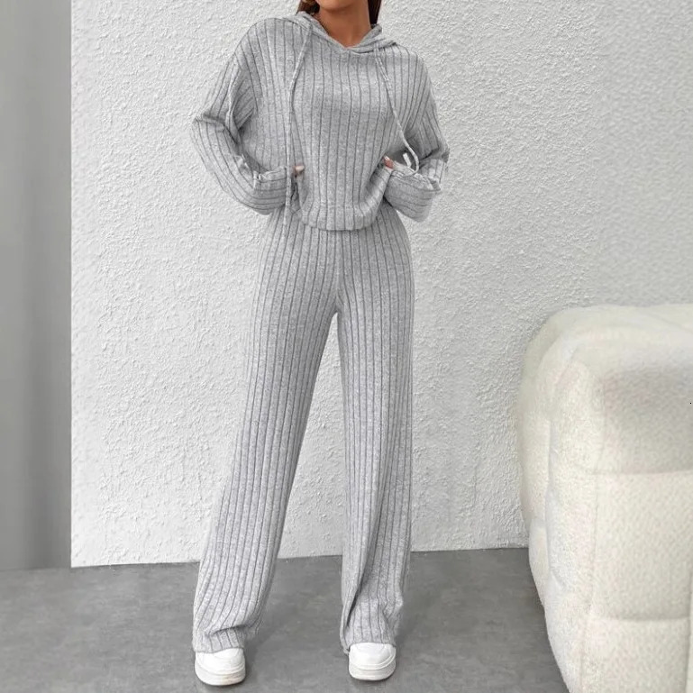 Pantalon supérieur à capuche 2 pièces ensemble à la mode à la mode pour femmes automne d'hiver couleur solide sweat-shirt en tricot lâche femelle