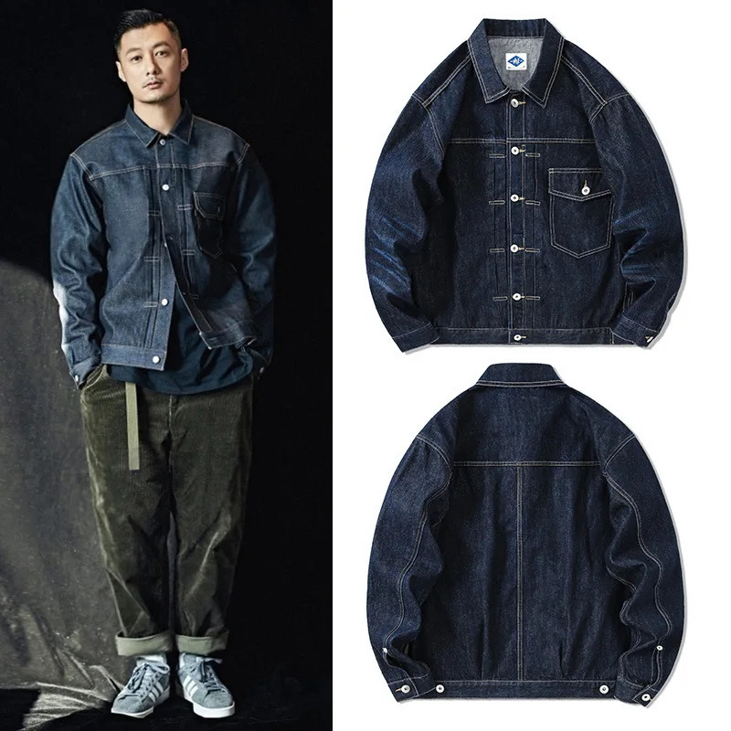 Dark Blue Denim Jacket Mens Casual Retro Jeans American Cargo Coats Chest Pocket Lapel Streetwear Punk Simple 250809