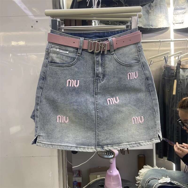 Sweet Spicy Girl Half Women 2025 Summer New Pink Letter Embroidery Slimming Versatile Denim Bodycon Short Skirt