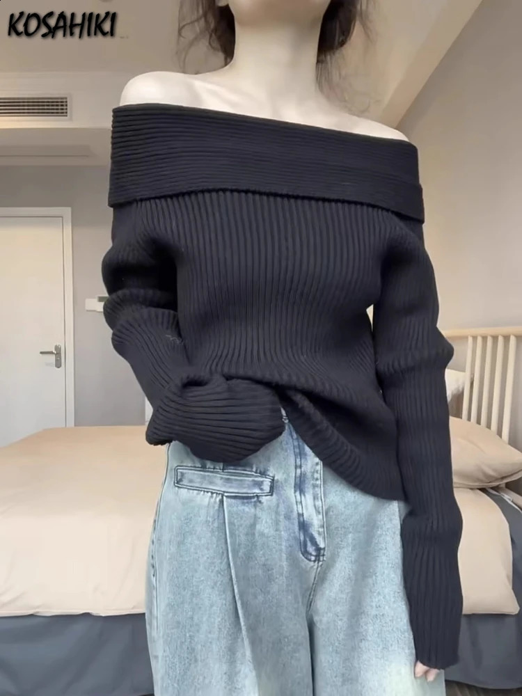 Harajuku Slash Neck Solid Sweaters Grunge Vintage Women Bottoming Pullovers Off Shoulder Y2k Aesthetic Casual Knitted Jumper 250801