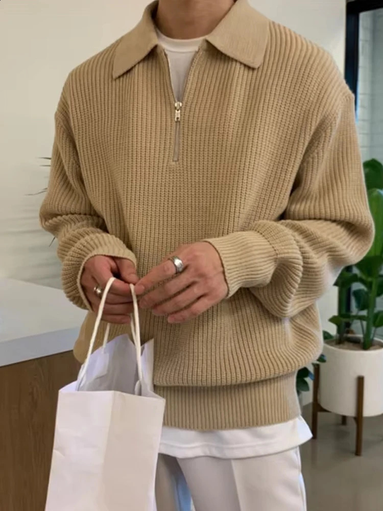 Casual Textured Knitting Polo Shirts Mens Fashion Long Sleeve Knit Sweater Vintage Turndown Collar Zipup Sweaters AutumnMen 250801
