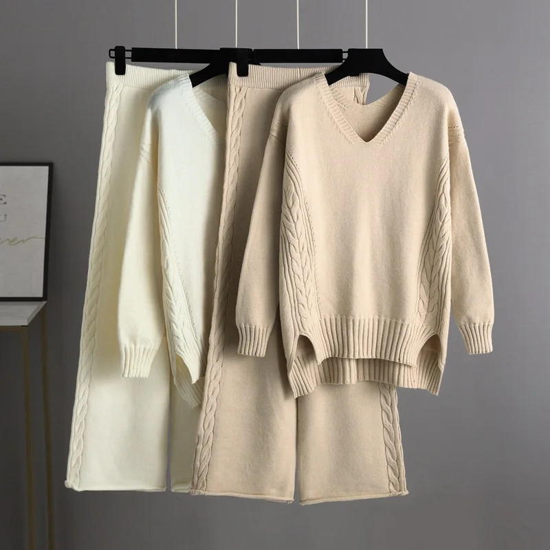 HLBCBG Autumn Winter Women 2 Piece Sweater Set Pants Oversized KnitingTop Twist Sweaters Cashmere Sport Knitted Tracksuits 250818