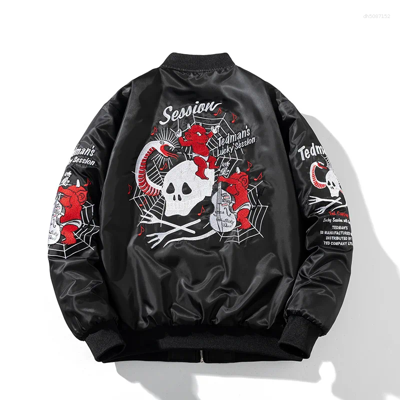 Men's Jackets Retro Black Embroidery Baseball Jacket Men Vintage Skull Floral And Coats Japanese Streetwear Hip Hop Bomber