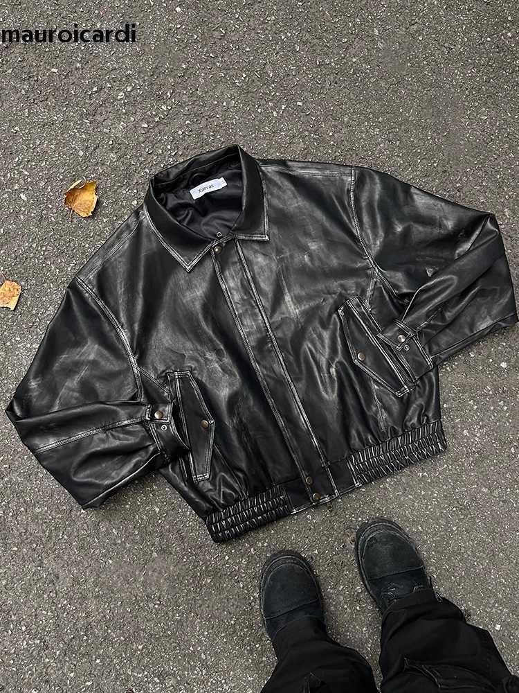 Mauroicardi Spring Cool Handsome Short Vintage Distressed Black Pu Leather Jacket Men Zipper Luxury Designer Unisex Clothes 2024 XJ250818