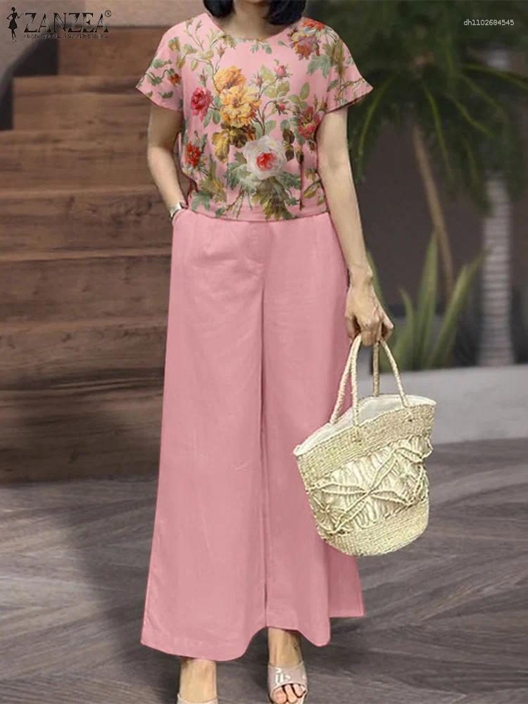 Women's Two Piece Pants 2PCS Women Outfits Summer Pant Sets Short Sleeve Blouse Loose Trousers Suit 2025 ZANZEA Casual Floral Matching