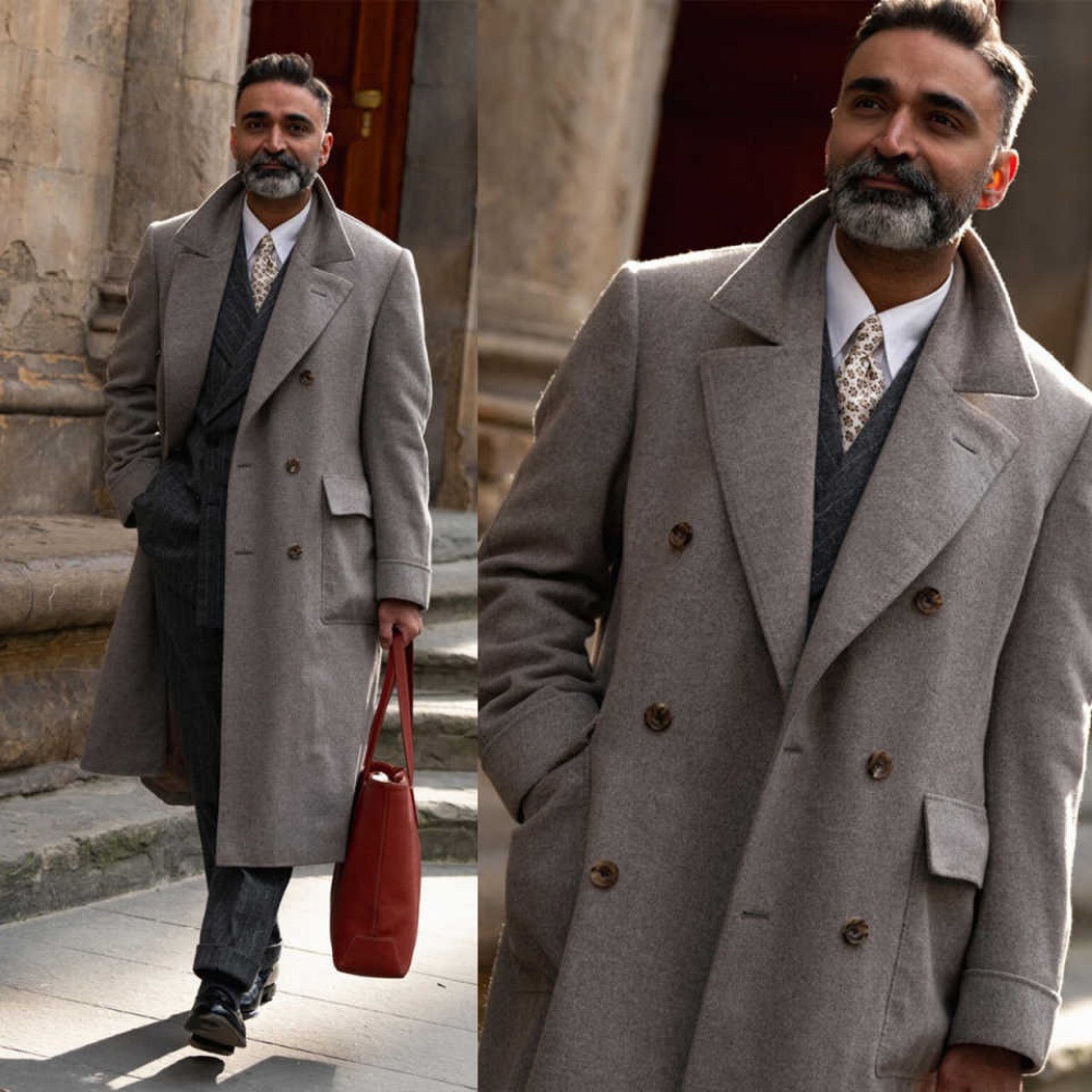 Wool Mens Long Overcoat Wide Peak Lapel Winter Formal Business Long Jackets Groom Wear One Piece Customized
