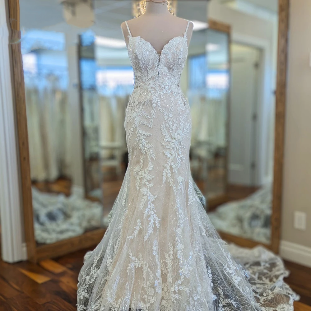 Flavinke Charming Spaghetti Straps Wedding Dresses for Bride Lace Appliques Sleeveless Mermaid Floor Length Custom Made Color/Size