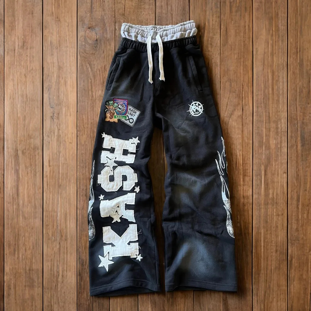 Hip Hop Y2K Pants Men Gothic Letter Patch Retro Double Layer n Baggy Elastic Waist Jogging Casual American Sweatpants 250818