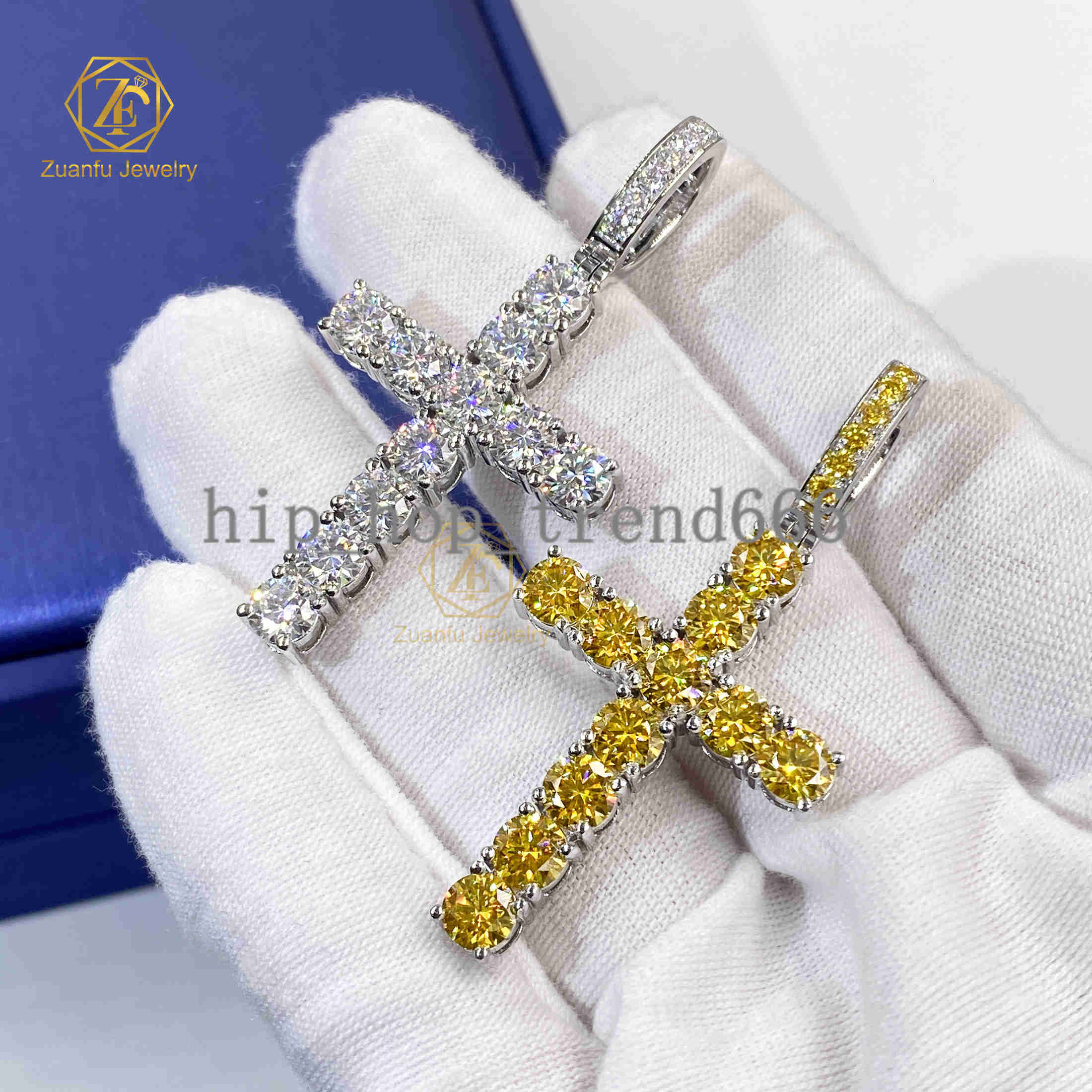 925 Sterling Silver 5mm Round D VVS Moissanite Yellow Moissanite Cross Pendant Wholesale Price Hiphop Moissanite Jewelry