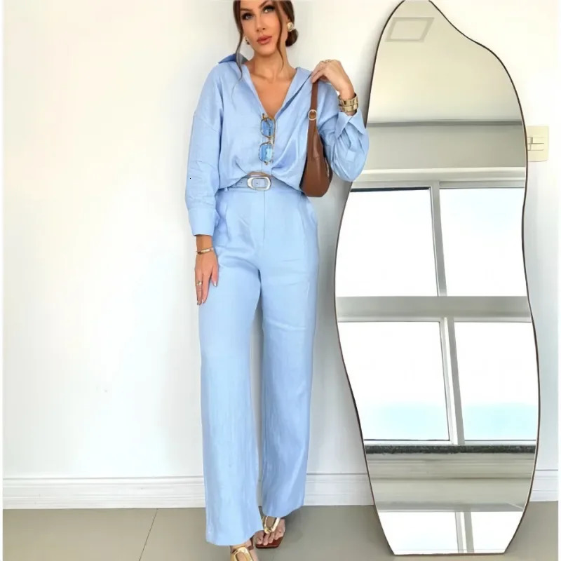 Couple de chemise pour femmes de la mode Suit l'été à manches longues solides bouton de revers décontracté Lady Blue Pant 2 pièces Set Automne 25