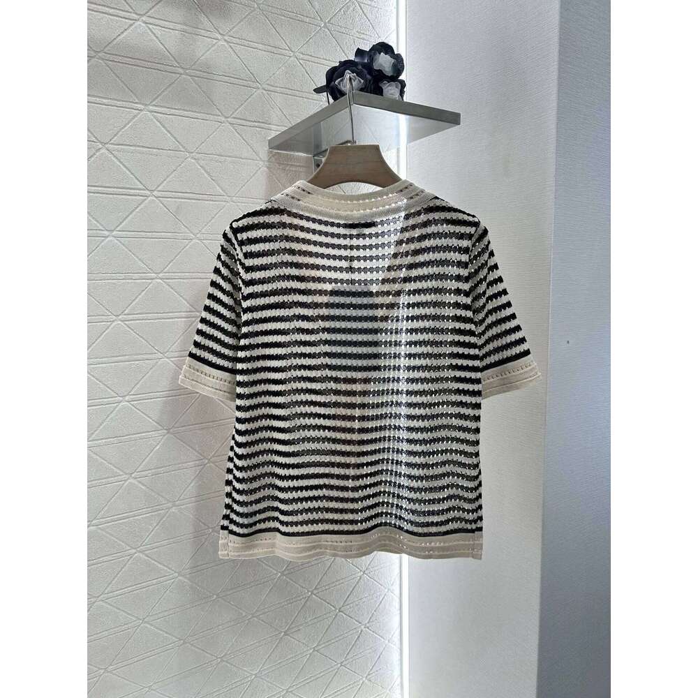 Designer Clothing 2025 Spring Summer Women's Striped Knitted Short-Sleeved Simple And Fashionable Elastic Cardigan