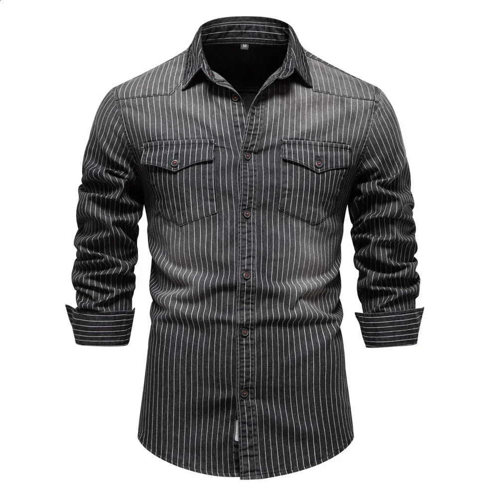 Mens Cotton Long Sleeve Shirts Single Breasted Business Casual Fashion Solid Shirt Jackets Striped Denim for Men 250801