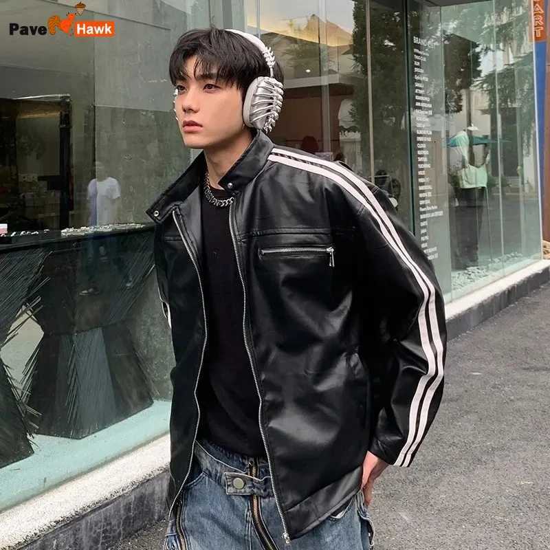 Retro Leather Jacket Men Women American Patchwork Strip Racing Outerwear Loose Hip Hop Zipper Brown PU Coat Streetwear Spring XJ250818
