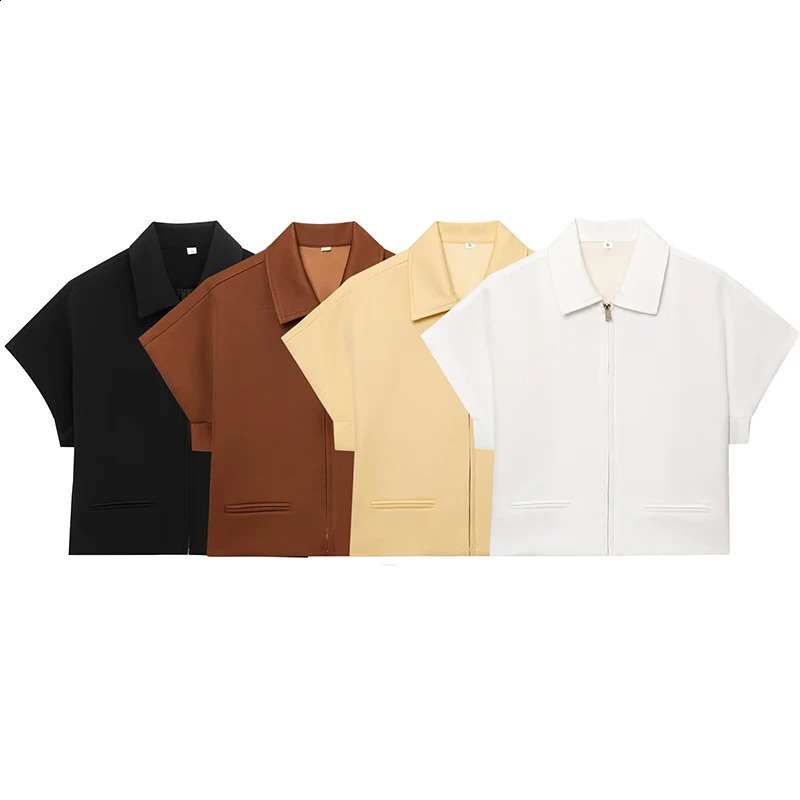 RAFZNB Womens Cropped Jackets Coats Fashion Turndown Collar Short Sleeve Casual Female Outerwear Chic Tops 250808