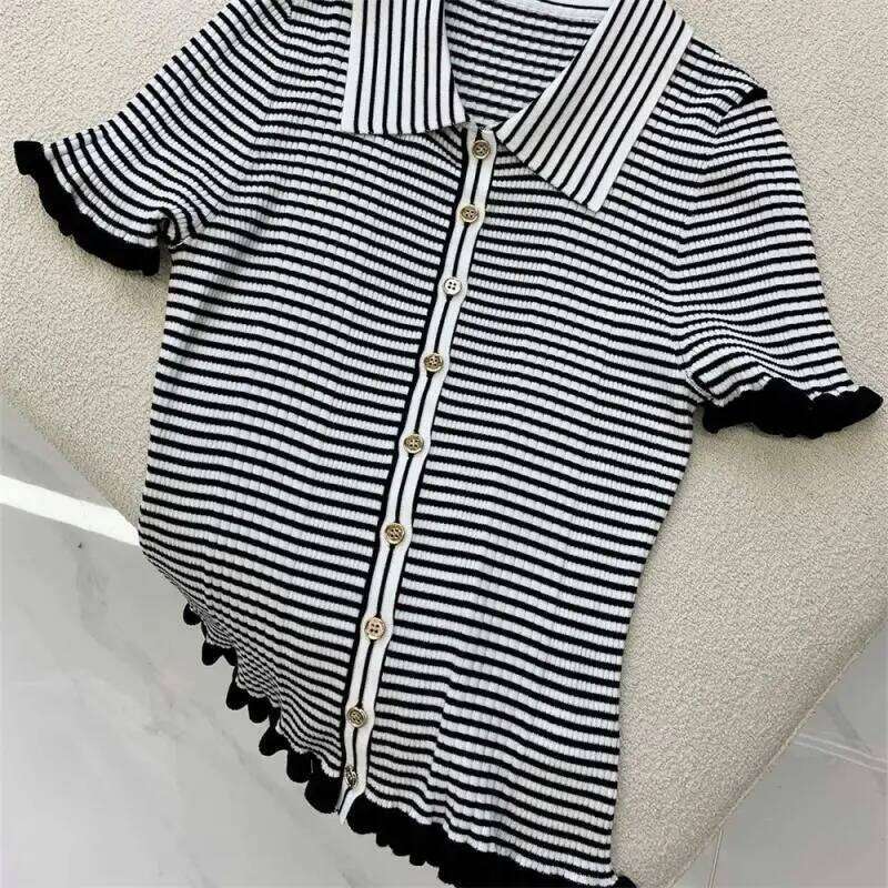 Designer Clothing 2025 Ruffles Edge Women's Striped Knitted Sweater Cardigan Single-Breasted Turn-Down Collar Short Sleeve Knitwear