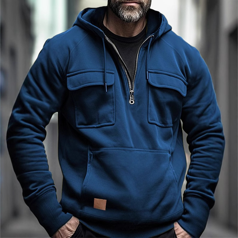 Men's American Style Hooded Vintage Solid hoodie Color Sweatshirt Autumn Winter Youth Long Sleeve Jacket