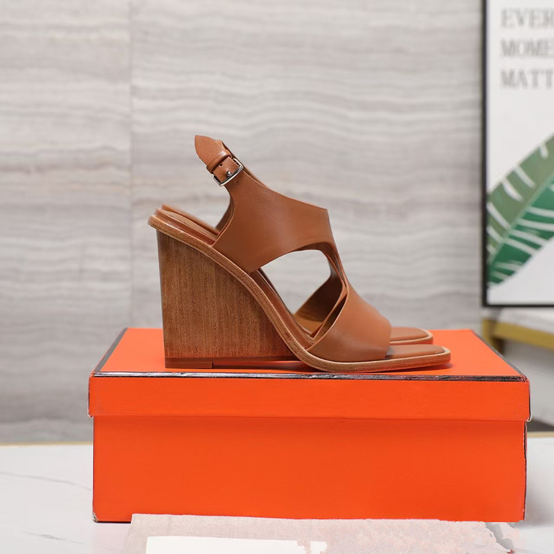 wedge heelHigh heeled sandals heels designer shoes summer sandal party 100% leather womens Dance shoe Lady Metal Belt buckle Thick Heel Woman sexy L