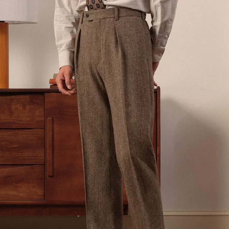 Autumn Winter Fashion Men Solid Color Woolen Suit Pants Mens Loose Straight Pants Male High Waist Casual Trousers F324 250815