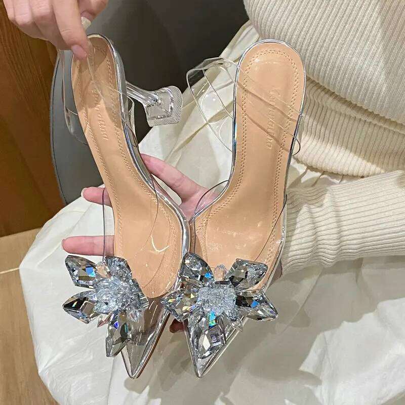 Sier Baotou Sandals Women 2025 New Summer Beautiful Pointy Wine Glass Celebrity Crystal Flower Transparent High Heels