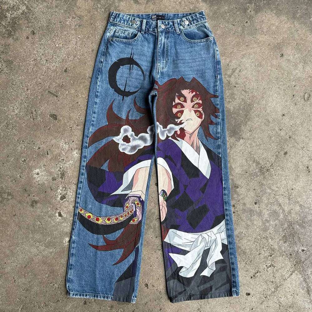 Haruku Demon Slayer Anime Print Baggy Jeans Style Wide Leg Trouser Y2k 2025 New Streetwear for Men Women High Waist Pants