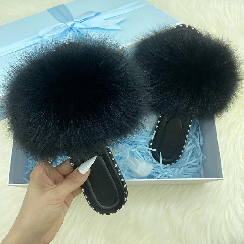 Flip Flops Women Summer Real Fur Flat Slippers 100% Natural Fox Fur Slides Ladies Rivet Jelly Shoes Furry Slides Sandals 250814