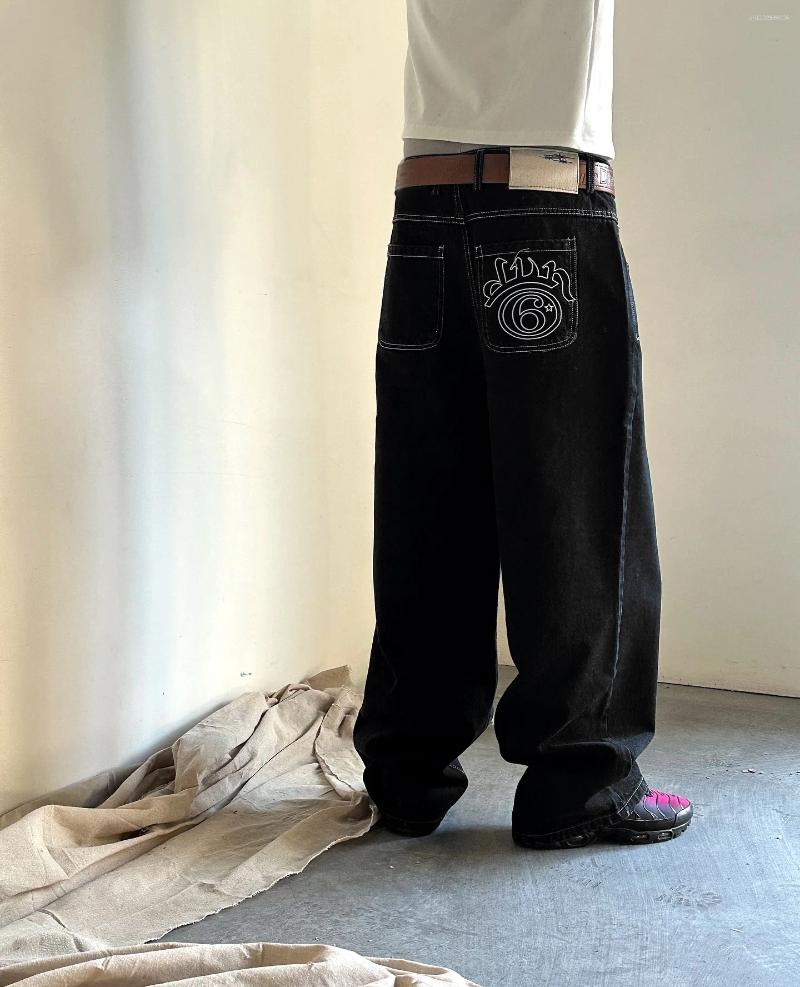 Men's Jeans Divin Baggy Fashion Six Stars Denim Pants Hip Hop Letter Embroidery Men Straight Wide Leg Gothic Streetwear Black
