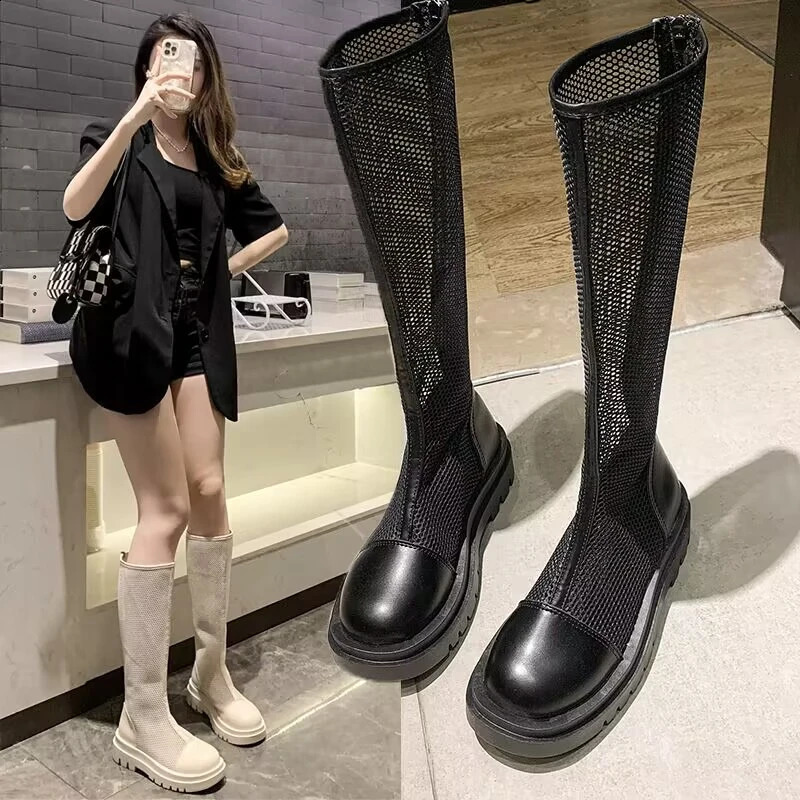 Ligne en tricot respirant pour femmes bottes au milieu suivant la tête ronde Sumon Boots hauts bottes de sandale mode sandalias de mujer 250814