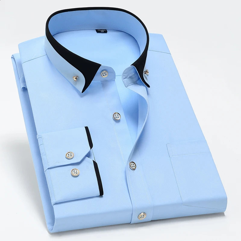 Mens Business Dress Shirts long Sleeve Contrast Collar Social Camisa With Diamond Antiwrinkle Button Down Black Blue 250801