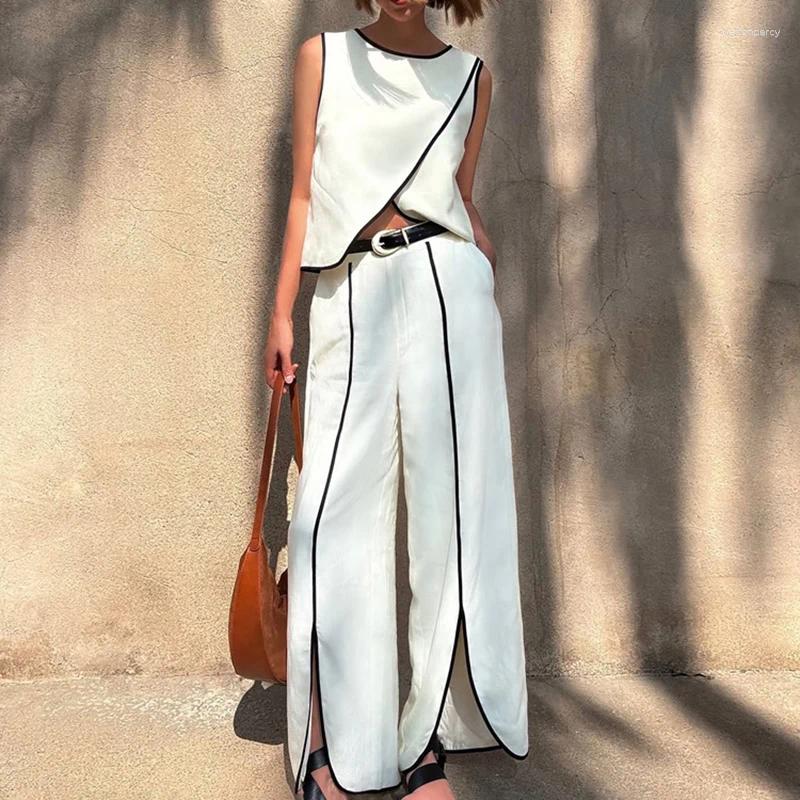 Women's Two Piece Pants Fashion Patchwork Vest Outfit Spring Women Round Neck Sleeveless Top High Waist Slim Split Wide Leg Summer Set