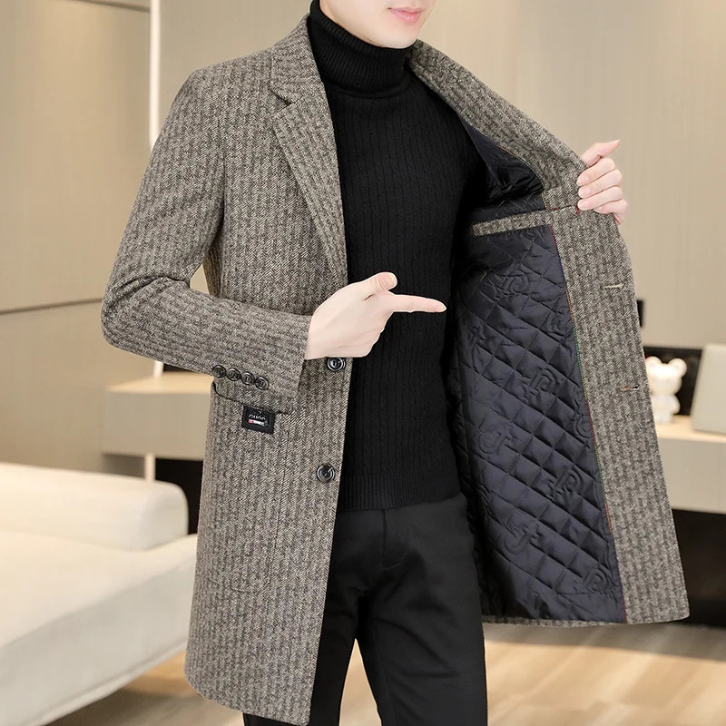 Business Casual Mens MidLength Woolen Coats Winter Warm Striped Overcoat Outwear CottonThicken Liner Windbreaker Jackets 250818