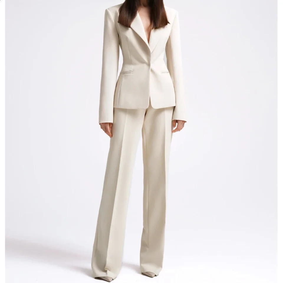 Office Lady Fashion Beige Femmes convient à un bouton revers 2 pièces pantalons de veste slim fit smart conjuntos de pantalones 250811