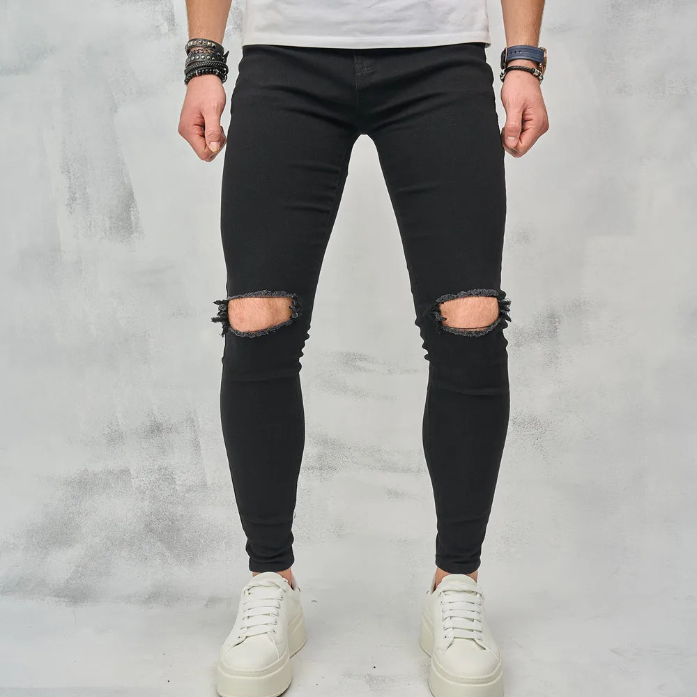 Streetwear Mens Jeans Skinny Ripped Knee Length Hip Hop Fashion Slim Man Pants Stretch Washed Jogging Casual Denim Trousers 250818