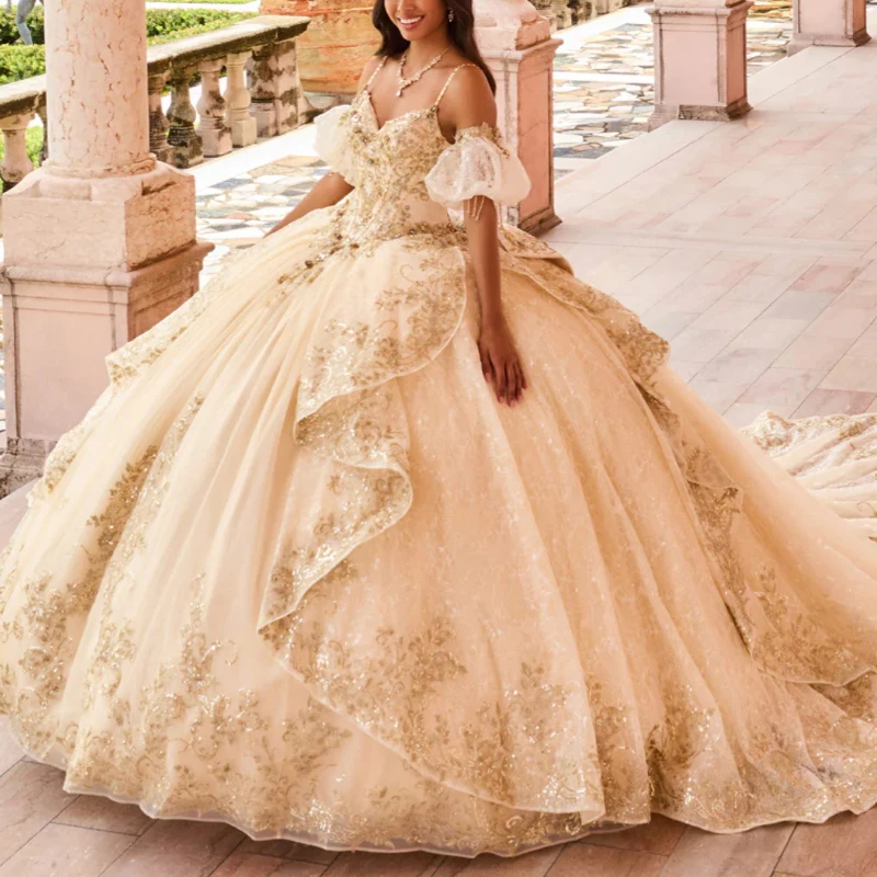 Champagne brillant quinceanera robes de bal robe de bal spaghetti paillette applique perle en cristal tulle fête anniversaire corset sweet 16 rob