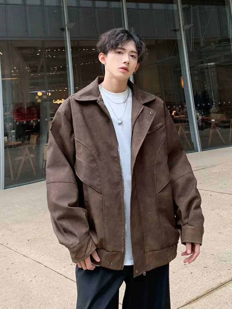 Brown Turn-down Collar Short Tie Dye Leather Coat Mens Autumn/Winter Patchwork PU Leather Cargo Jacket Fashion Mens Clothing XJ250818