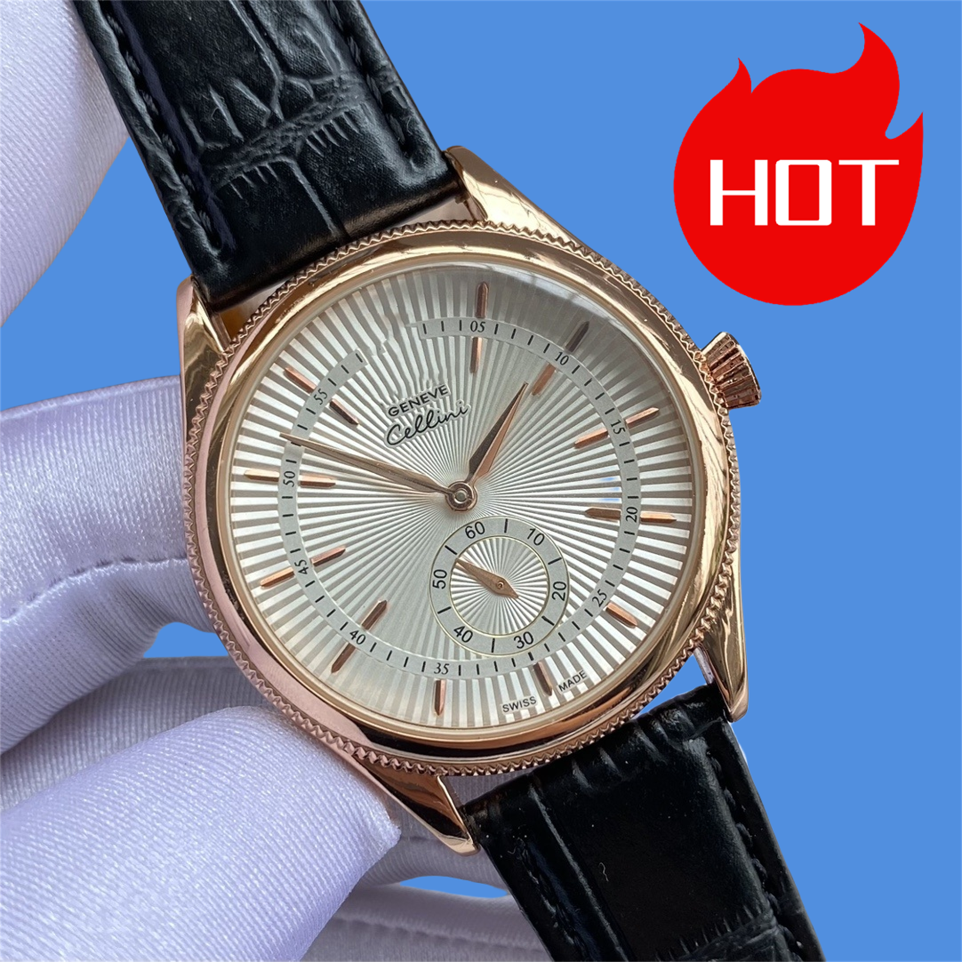Montres Cellini pour hommes de haute qualité, mouvement à quartz, cadran de travail, chronomètre, bracelet en cuir, boîtier en acier inoxydable,