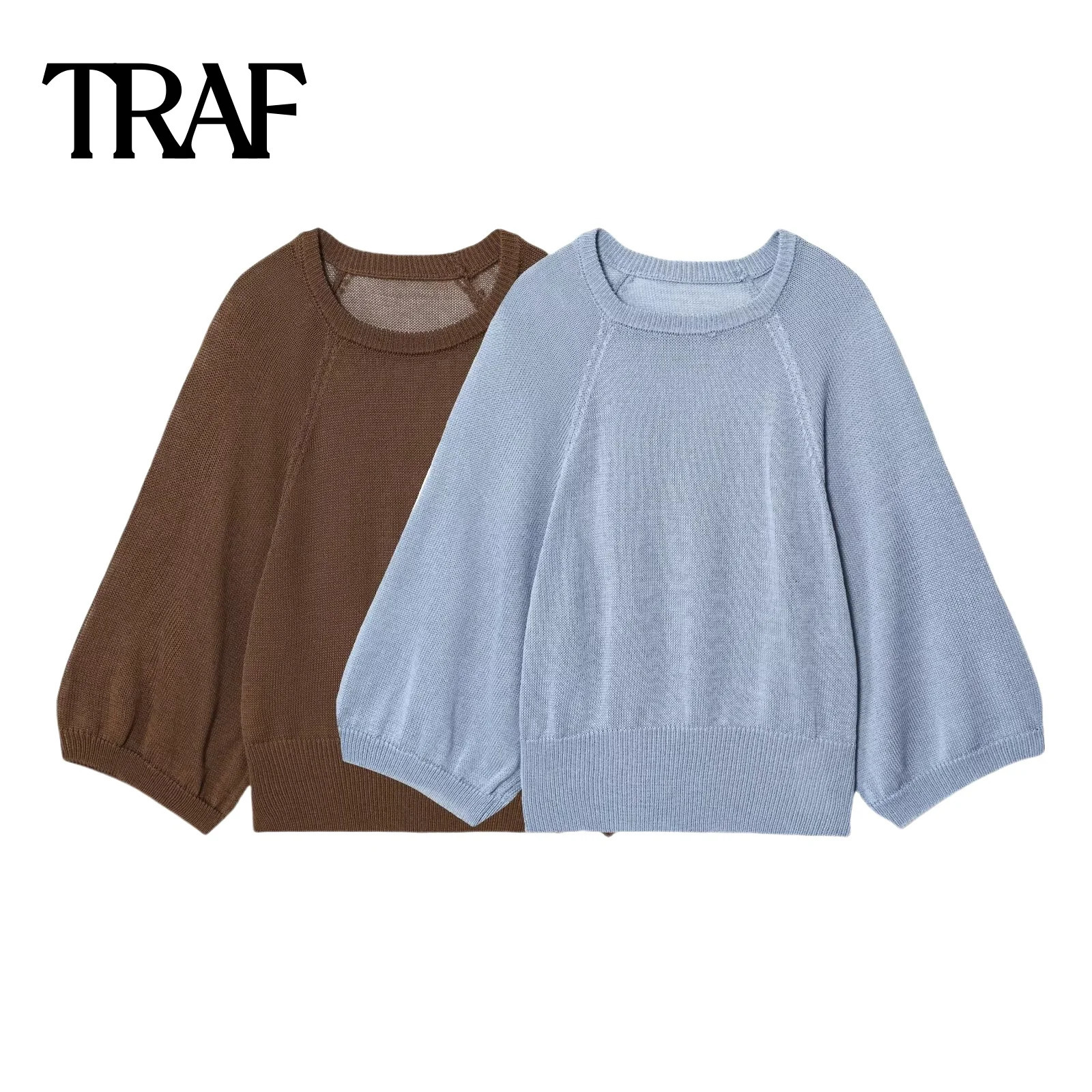 TRAF French n wide sleeved round neck autumn item vacation style casual loose versatile knitted sweater top 250818