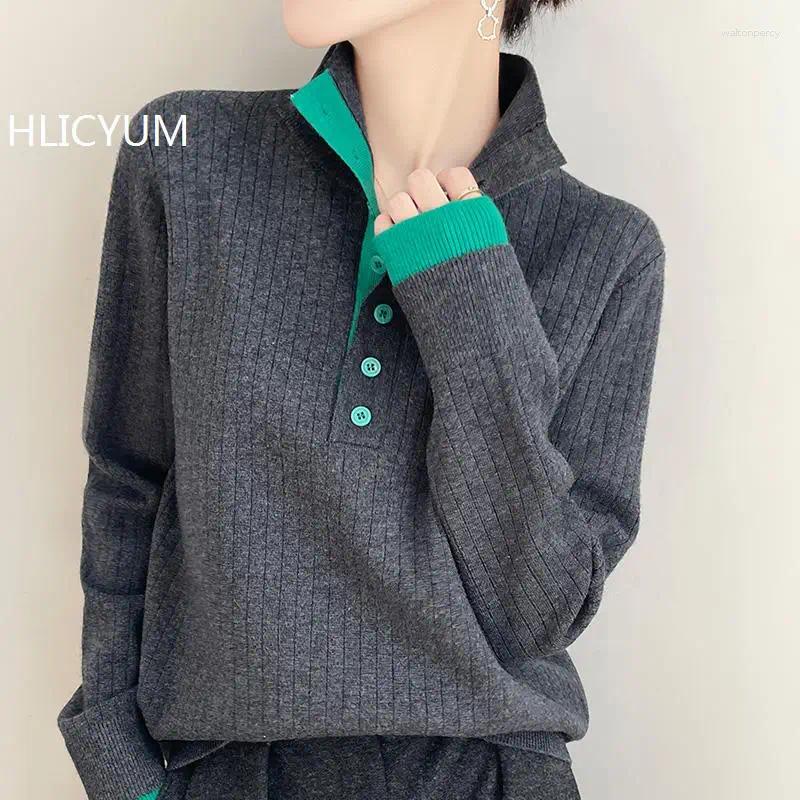 Pulls de femmes Hlicyum Tricoted Femmes Pulllaon Bouton Half haut Collier Piloulle Printemps Automne Basic Fix Fit Solid Bold Stripes Tops