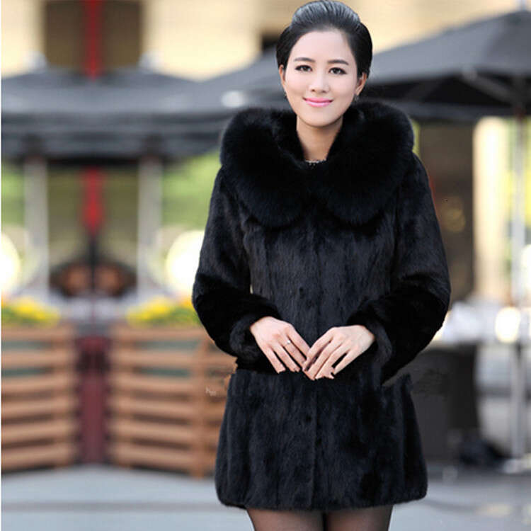 Elegant Premium Imitation Fur Coat Women's Clothing New Imitation Fur Hooded Loose Medium Long Coat Black Jackets