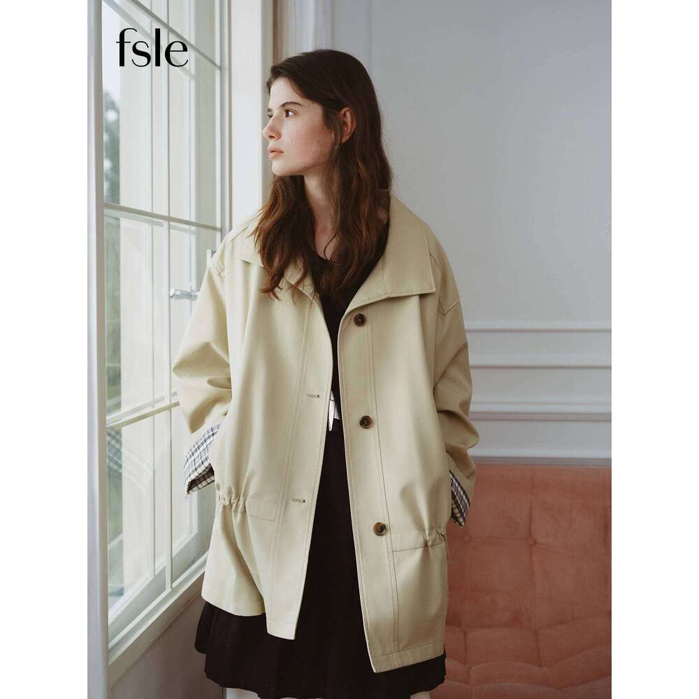 FSLE Autumn Lyocell Trench Coat - Contrast Trim Drawstring Waist Adjustable Fit Office Chic Women's Outerwear