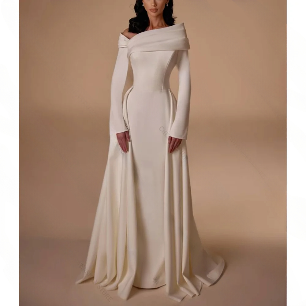 Elegant Off The Shoulder Evening Dress With Train Simple Long Sleeves Prom Gown Customized Dresses