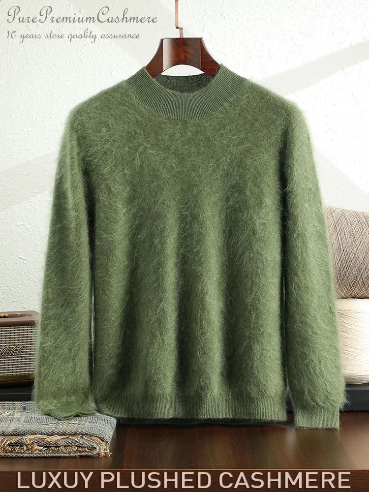 Men 100% Plush Cashmere Sweaters Mock Neck Basic Pullovers Long Fluff Pure Brushing Half High Collar Jumper Winter 250801