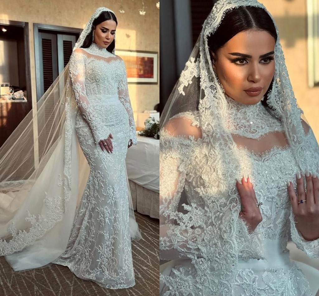 Dubaï arabe vintage en dentelle robes de mariée de mariée à manches longues à manches longues en perles robes de mariée