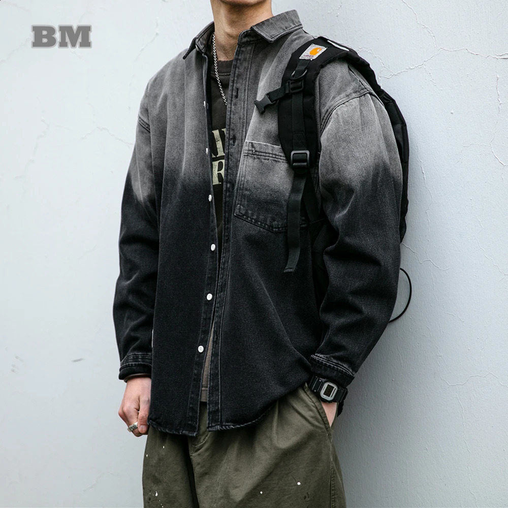 Korean fashion washed gradient denim shirt for men clothing High quality streetwear harajuku casual coat tremdy Long sleeve male 250801