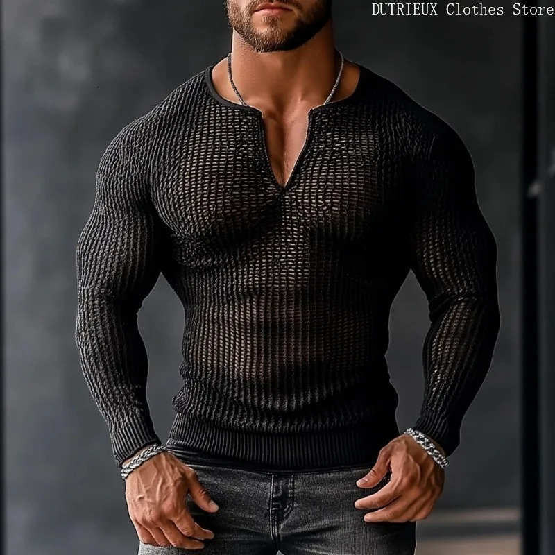 Sexy Perspective Men Long Sleeve Vneck Tshirt Top Casual Transparent Mesh Shirt Bar Club Hollow Mens 250818