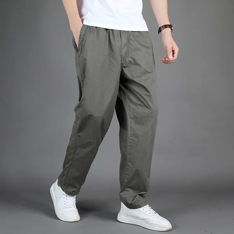 Plus Size Mens Casual Cotton Trousers Loose Straight Pants Multi Pocket Man Long Cargo Jogger Summer Autumn 250818