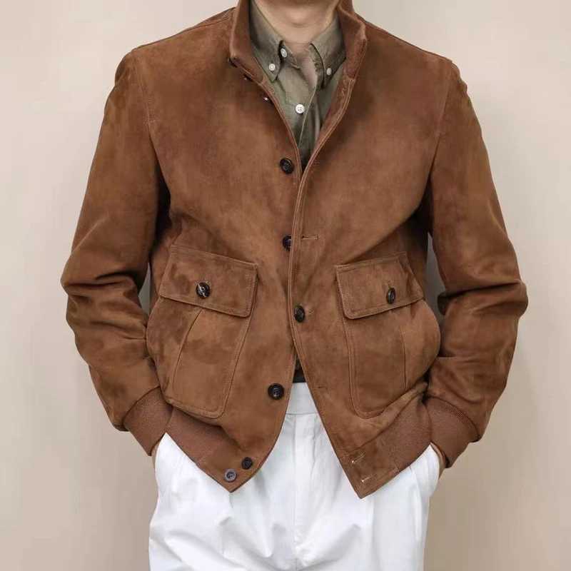 Classic Pilot Leather Jacket For Men 2025 100% Kid Suede Coat Male Camel Stand Collar Threaded Cuffs Mens Jackets Streetwear XJ250818