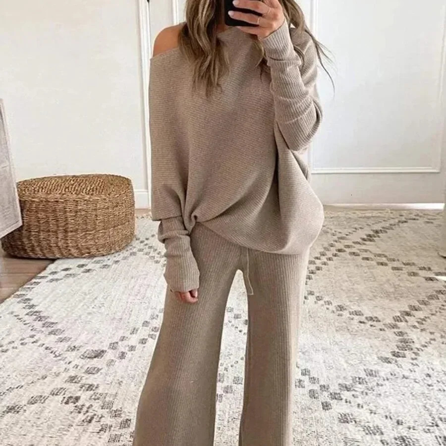 Womens 2pcs Clothes Set Solid Color Round Neck Long Sleeve Casual Top Loose Wide Leg Pants Home Wear 250818