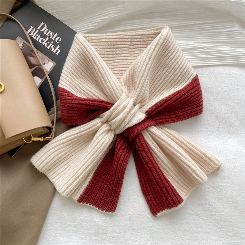 K1678 Colorblock Short Knitted Scarf Women Korean Style Cross Autumn and Winter Warm Lazy Neck Protection Trend